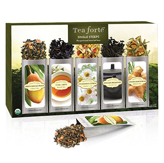 Tea Forté Classic SINGLE STEEPS Loose Tea Sampler, 15 Single Serve Pouches – Green Tea, Herbal Tea, Black Tea